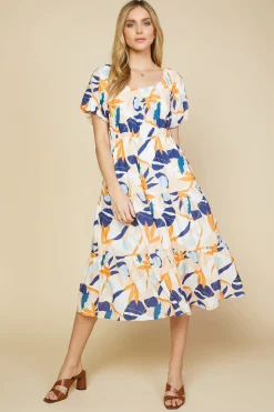 SKIES ARE BLUE Midi Dresses*Abstract Botanical Midi Dress Tangerinenavy