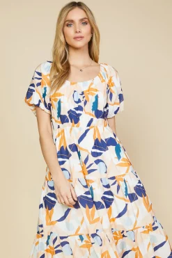 SKIES ARE BLUE Midi Dresses*Abstract Botanical Midi Dress Tangerinenavy