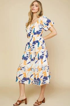 SKIES ARE BLUE Midi Dresses*Abstract Botanical Midi Dress Tangerinenavy