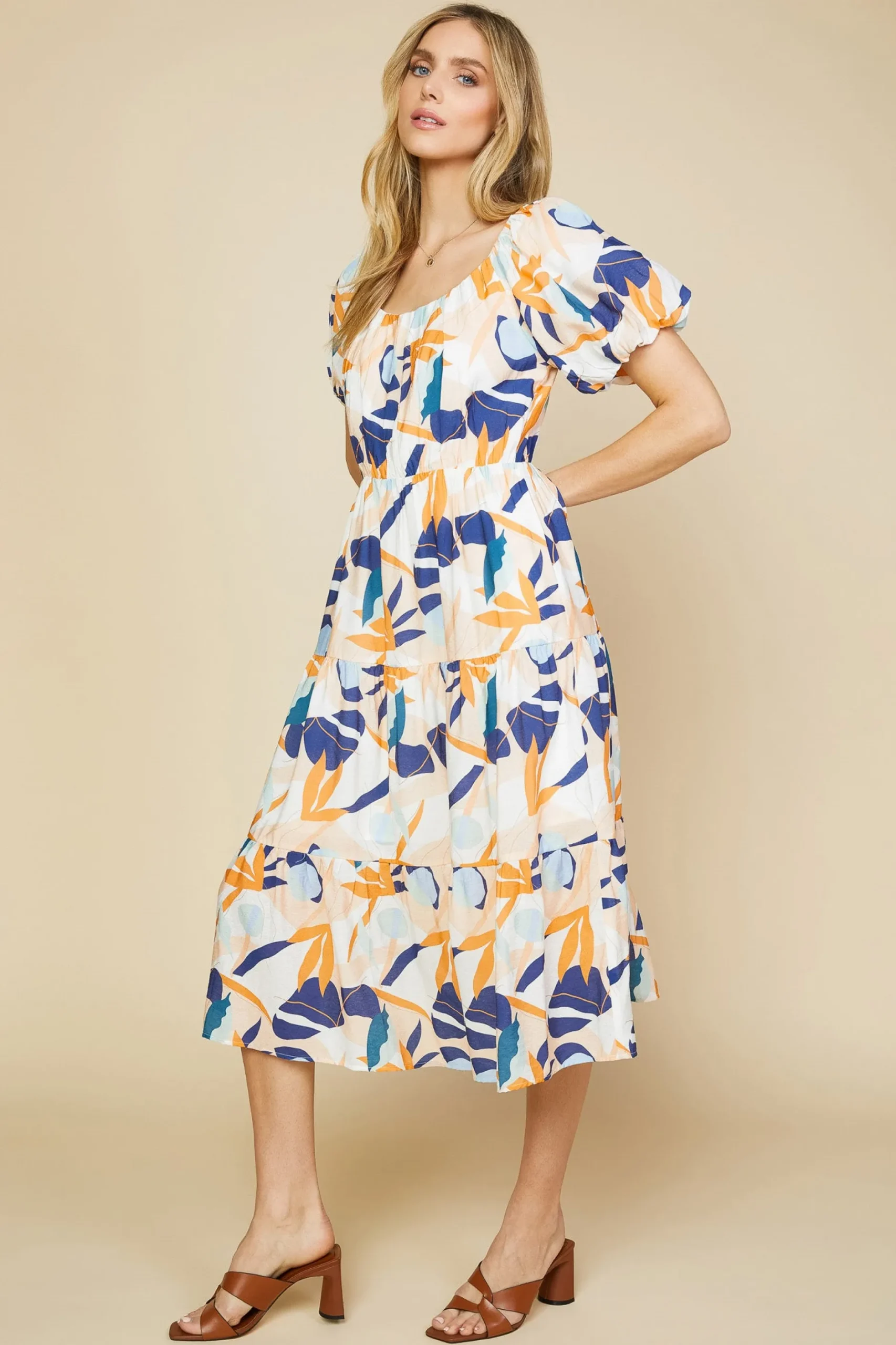 SKIES ARE BLUE Midi Dresses*Abstract Botanical Midi Dress Tangerinenavy
