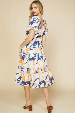 SKIES ARE BLUE Midi Dresses*Abstract Botanical Midi Dress Tangerinenavy