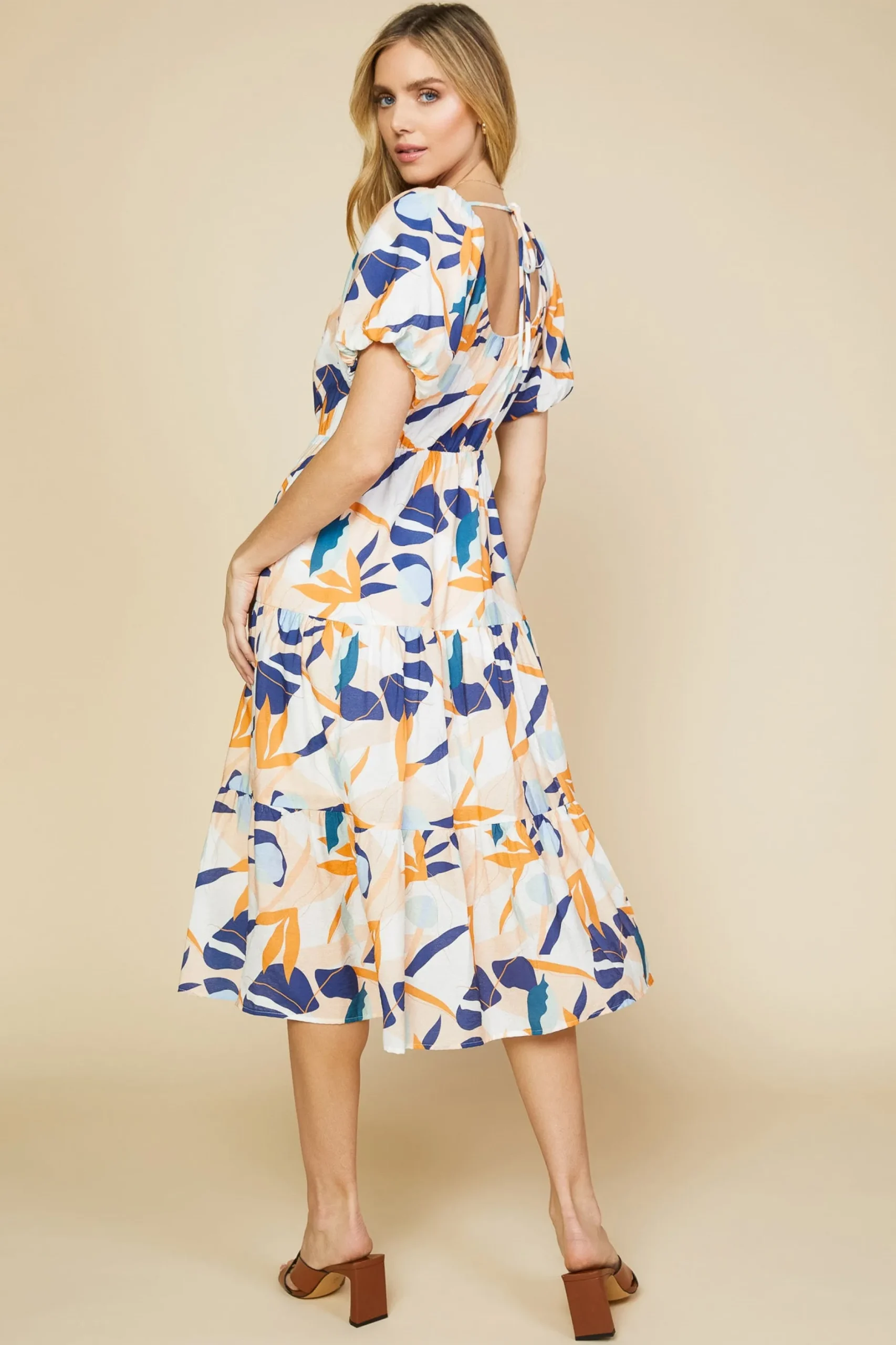 SKIES ARE BLUE Midi Dresses*Abstract Botanical Midi Dress Tangerinenavy