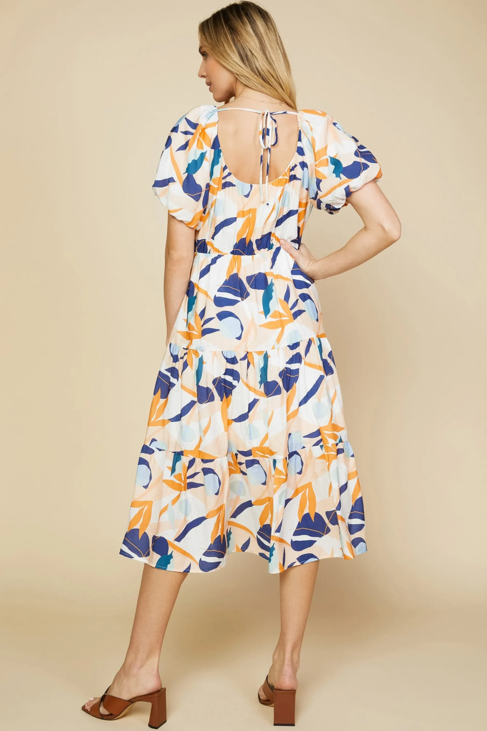 SKIES ARE BLUE Midi Dresses*Abstract Botanical Midi Dress Tangerinenavy