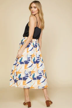 SKIES ARE BLUE Skirts*Abstract Botanical Midi Skirt Tangerinenavy