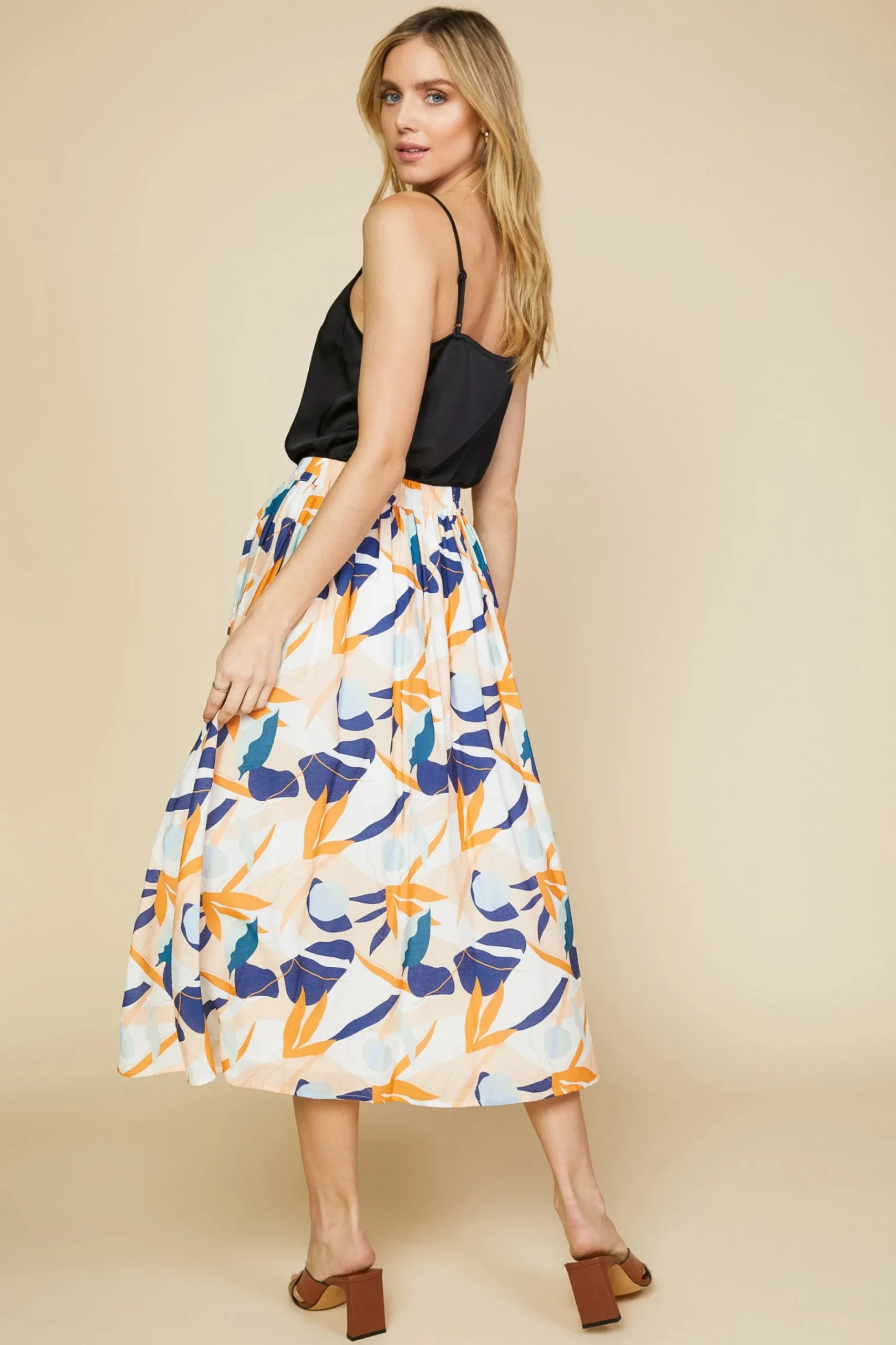SKIES ARE BLUE Skirts*Abstract Botanical Midi Skirt Tangerinenavy