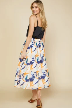 SKIES ARE BLUE Skirts*Abstract Botanical Midi Skirt Tangerinenavy