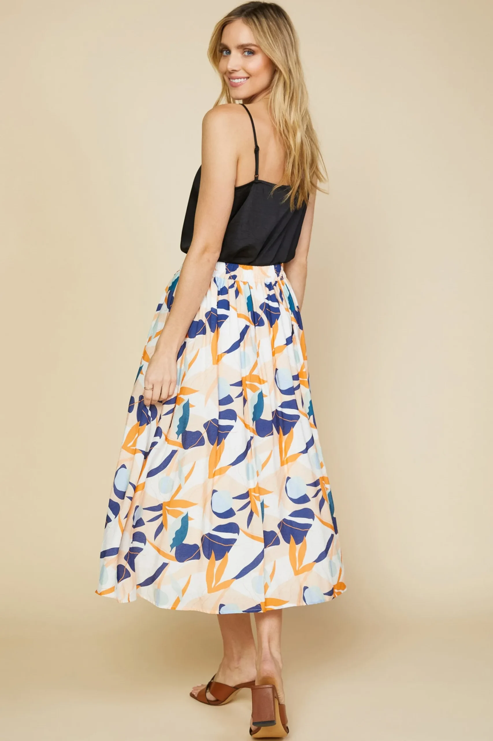 SKIES ARE BLUE Skirts*Abstract Botanical Midi Skirt Tangerinenavy
