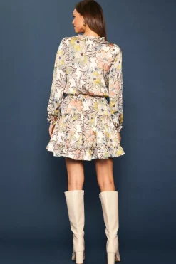 SKIES ARE BLUE Mini Dresses*Abstract Daisy Print Ruffled Mini Dress Ecru-apricot