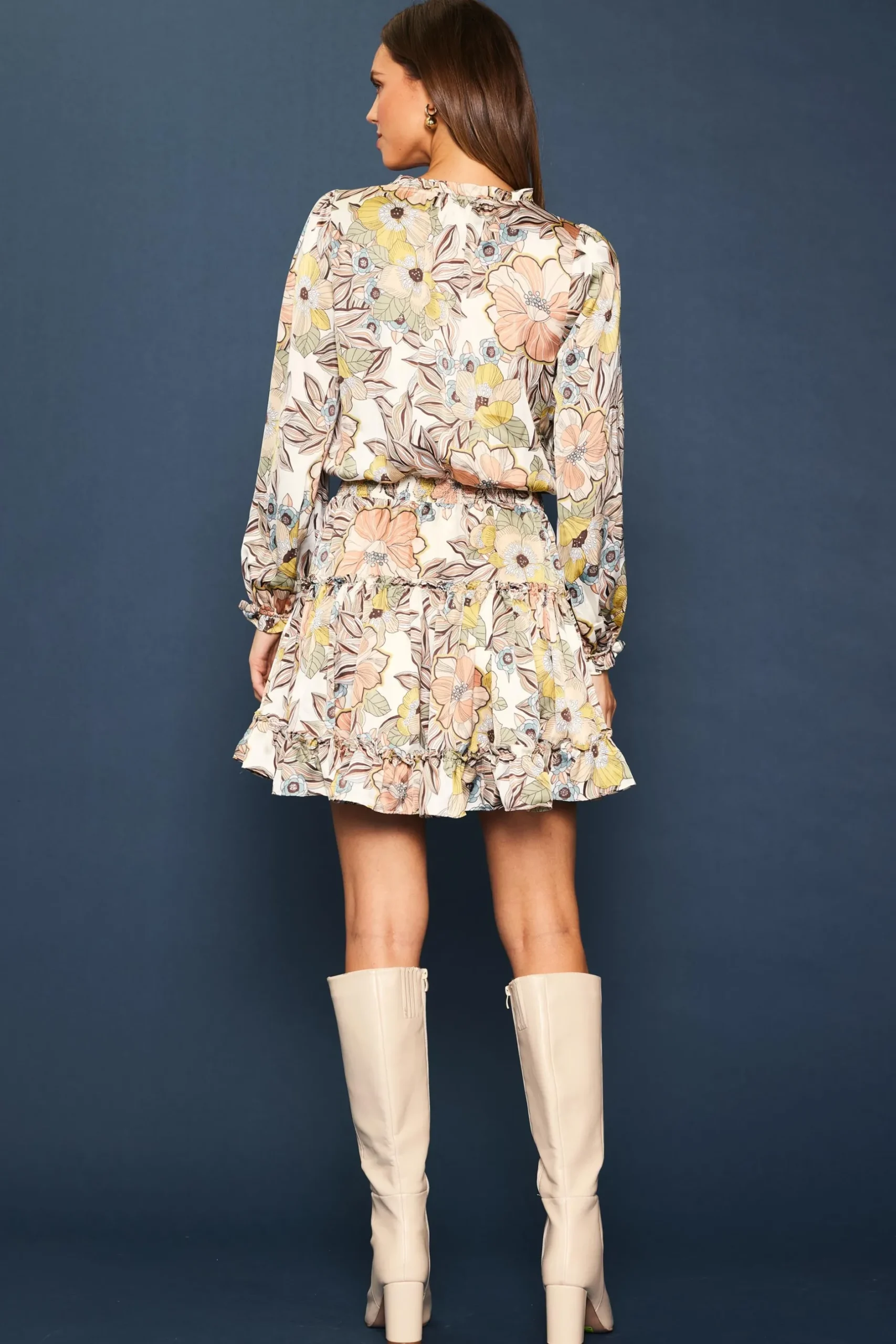 SKIES ARE BLUE Mini Dresses*Abstract Daisy Print Ruffled Mini Dress Ecru-apricot