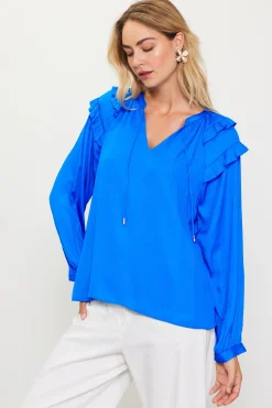 SKIES ARE BLUE Blouses|Long Sleeve Tops*Adele Ruffled Split Neck Top Vividblue