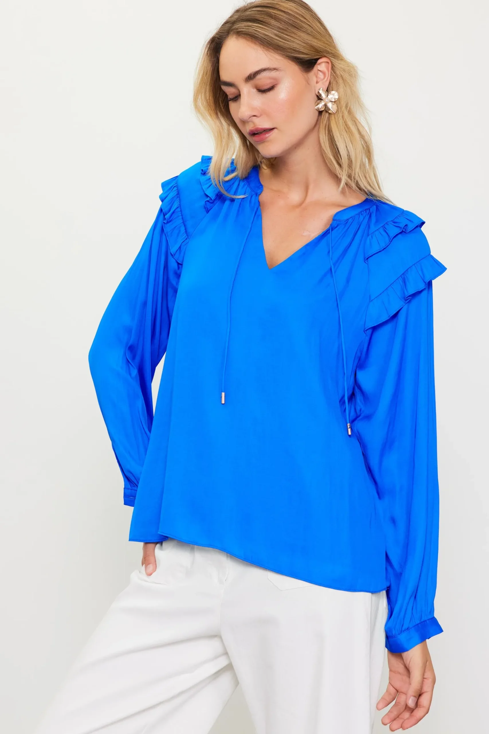 SKIES ARE BLUE Blouses|Long Sleeve Tops*Adele Ruffled Split Neck Top Vividblue