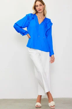 SKIES ARE BLUE Blouses|Long Sleeve Tops*Adele Ruffled Split Neck Top Vividblue