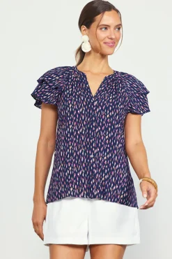 SKIES ARE BLUE Short Sleeve Tops*Allover Print Ruffle Sleeve Top Navy