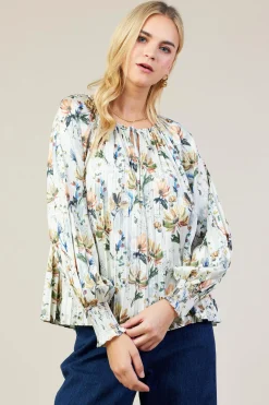SKIES ARE BLUE Long Sleeve Tops*Amani Floral Print Pleated Blouse Creamfloral