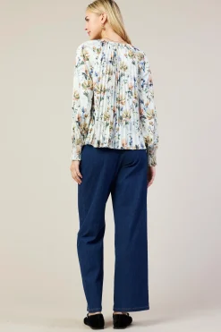 SKIES ARE BLUE Long Sleeve Tops*Amani Floral Print Pleated Blouse Creamfloral