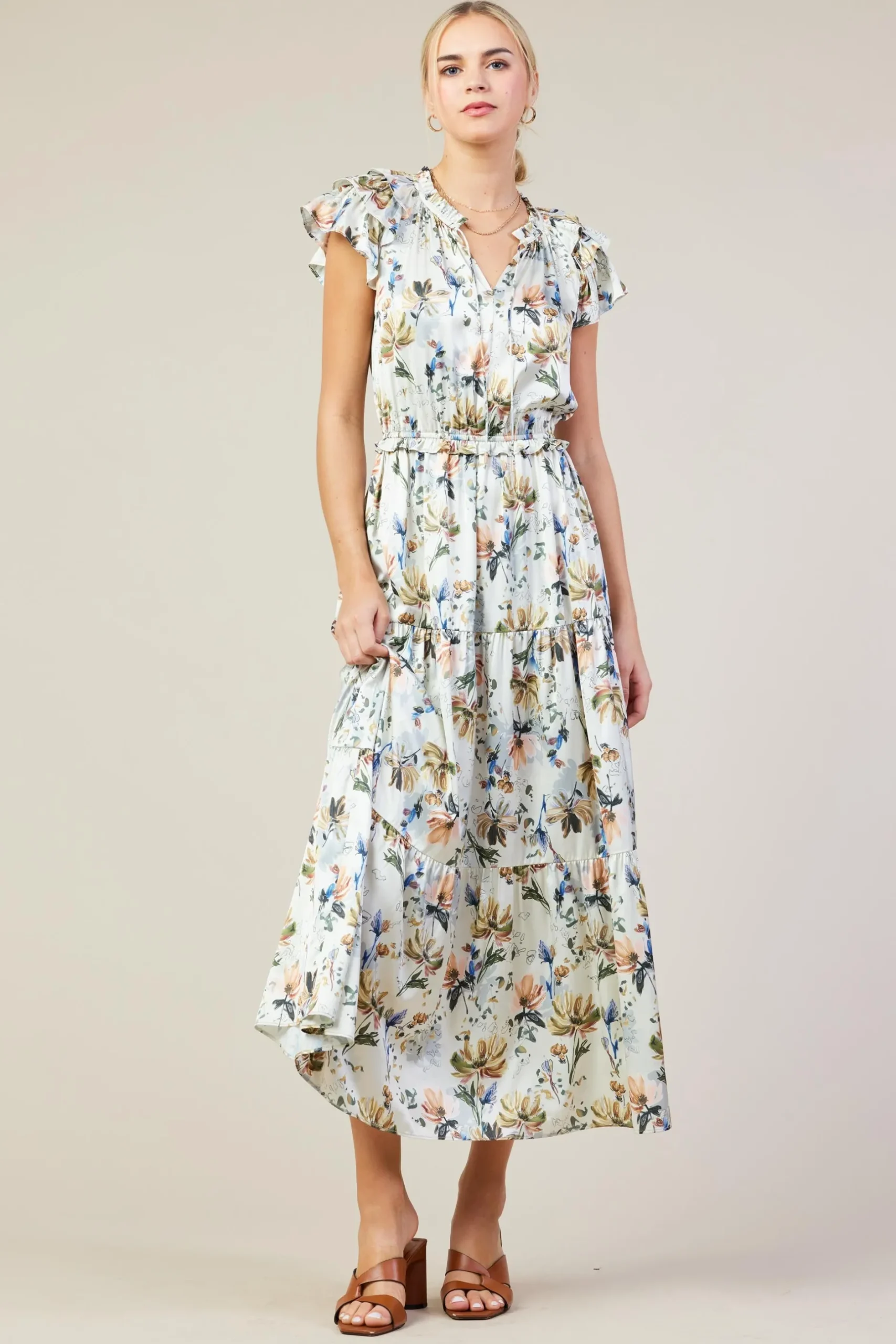 SKIES ARE BLUE Maxi Dresses*Amani Floral Print Sleeveless Maxi Dress Creamfloral