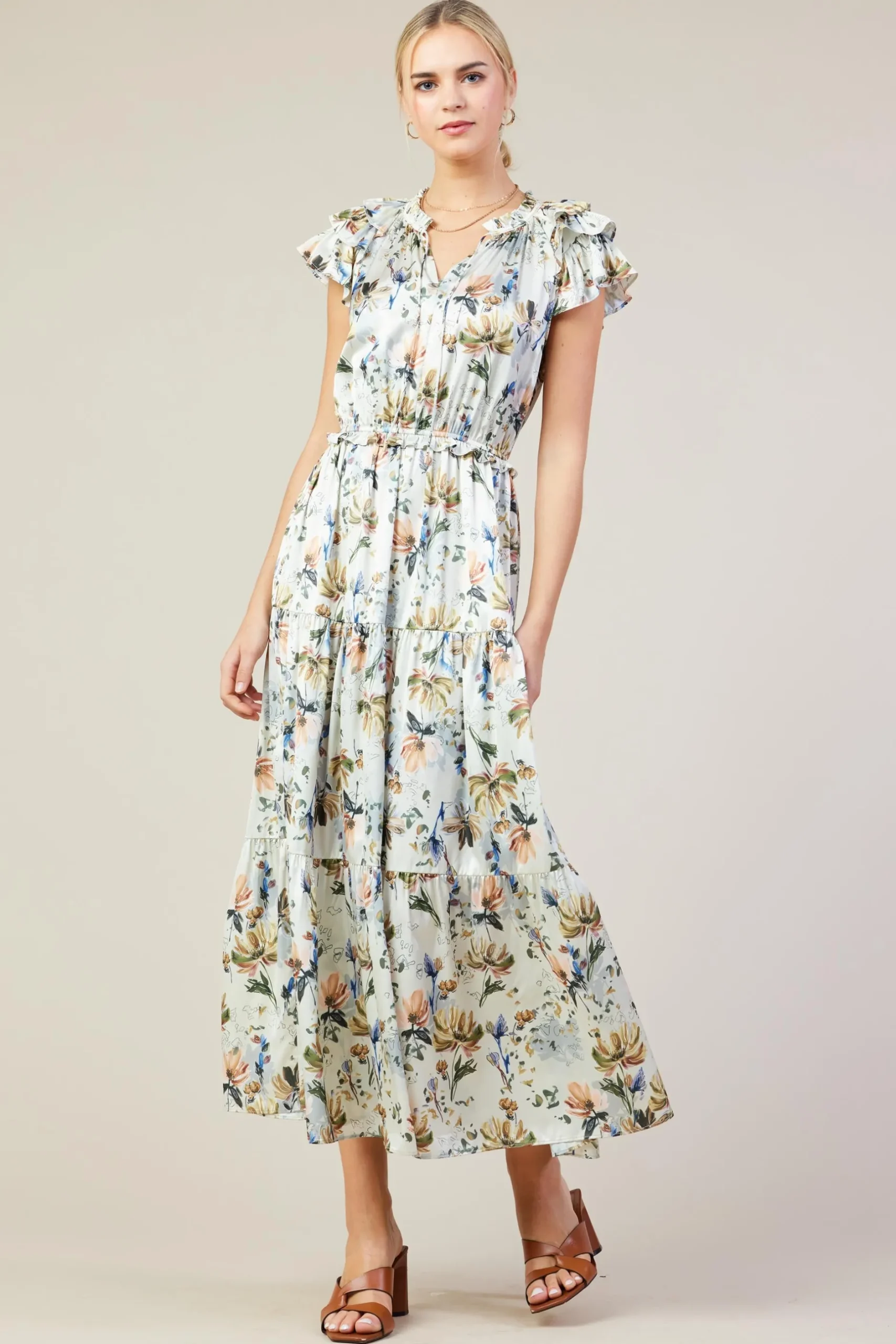 SKIES ARE BLUE Maxi Dresses*Amani Floral Print Sleeveless Maxi Dress Creamfloral