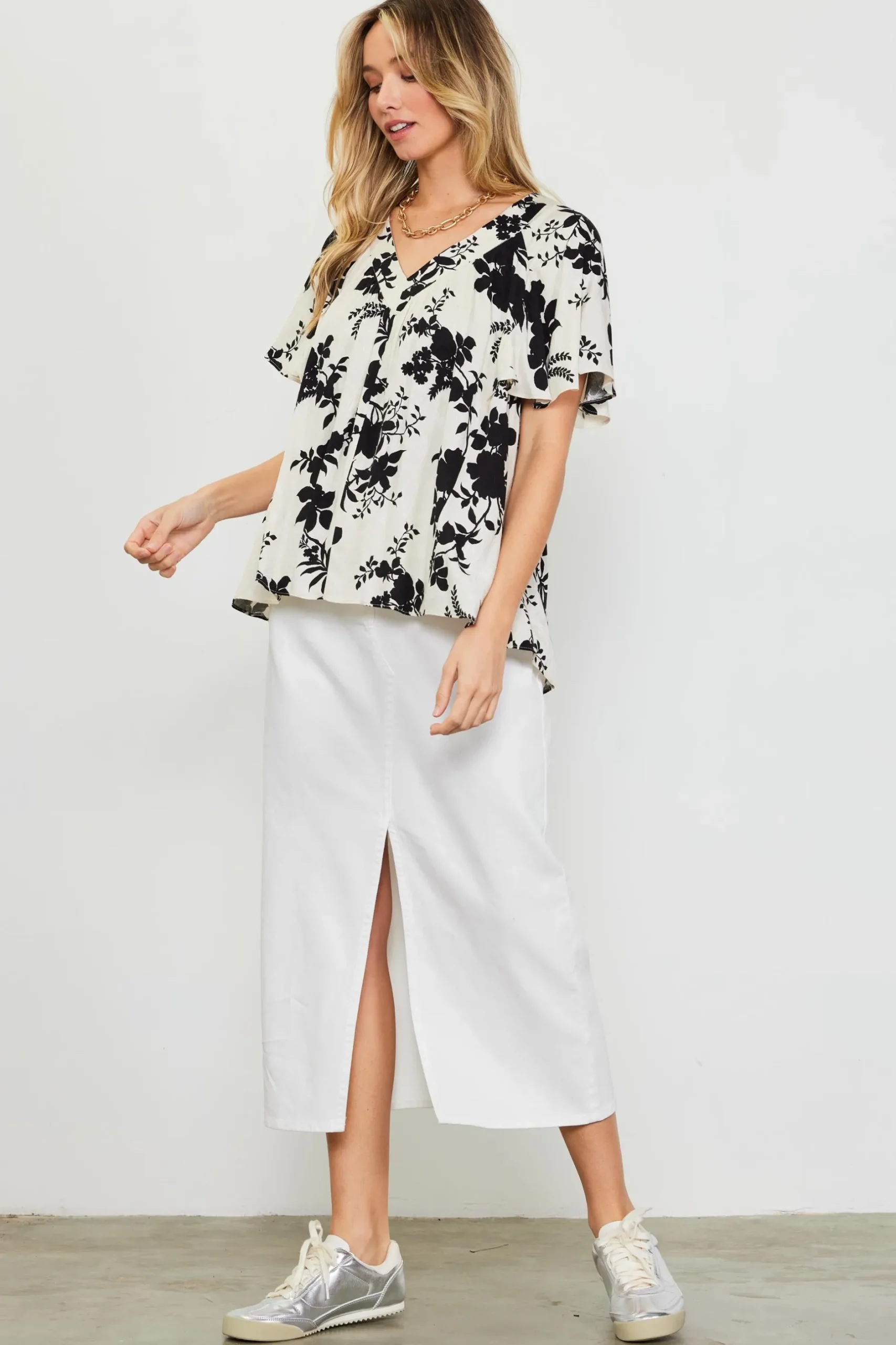 SKIES ARE BLUE Short Sleeve Tops*Amaya Jacquard Print Short Sleeve Top Ivory-black