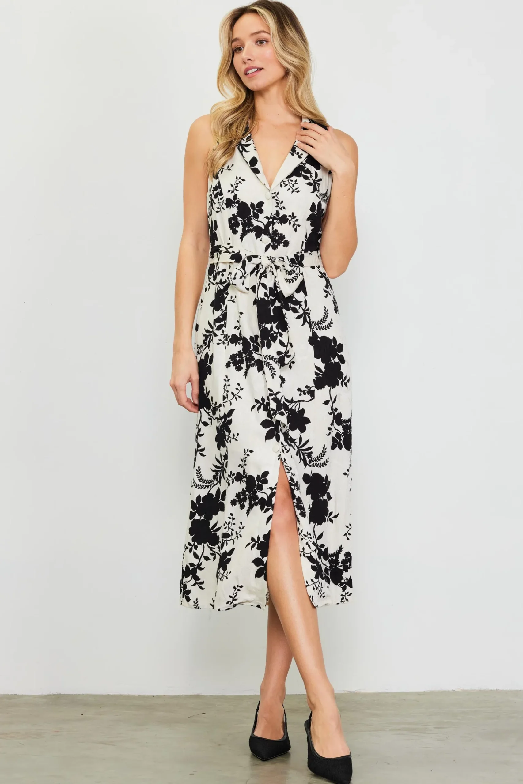 SKIES ARE BLUE Midi Dresses*Amaya Jacquard Print Sleeveless Dress Ivory-black