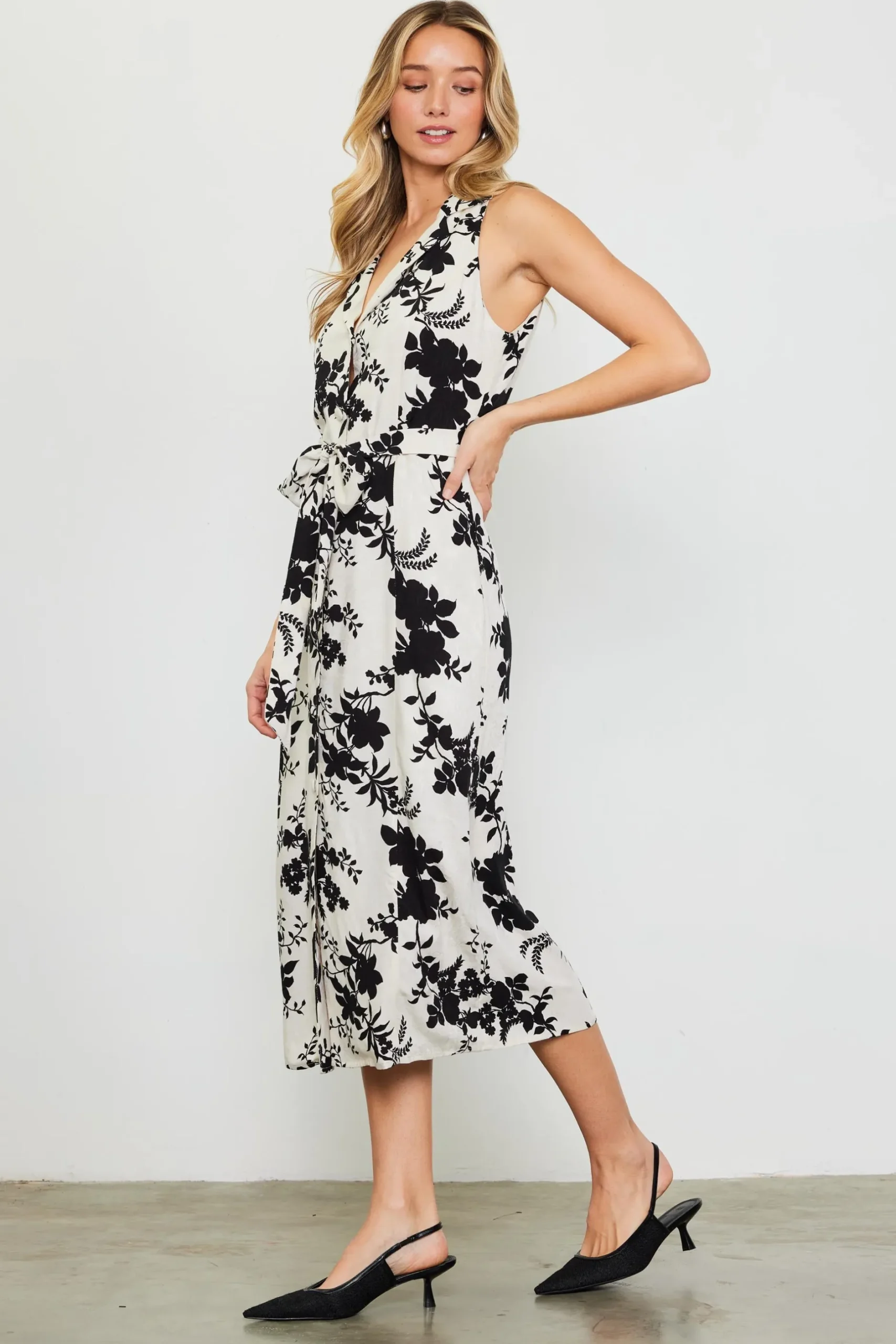 SKIES ARE BLUE Midi Dresses*Amaya Jacquard Print Sleeveless Dress Ivory-black