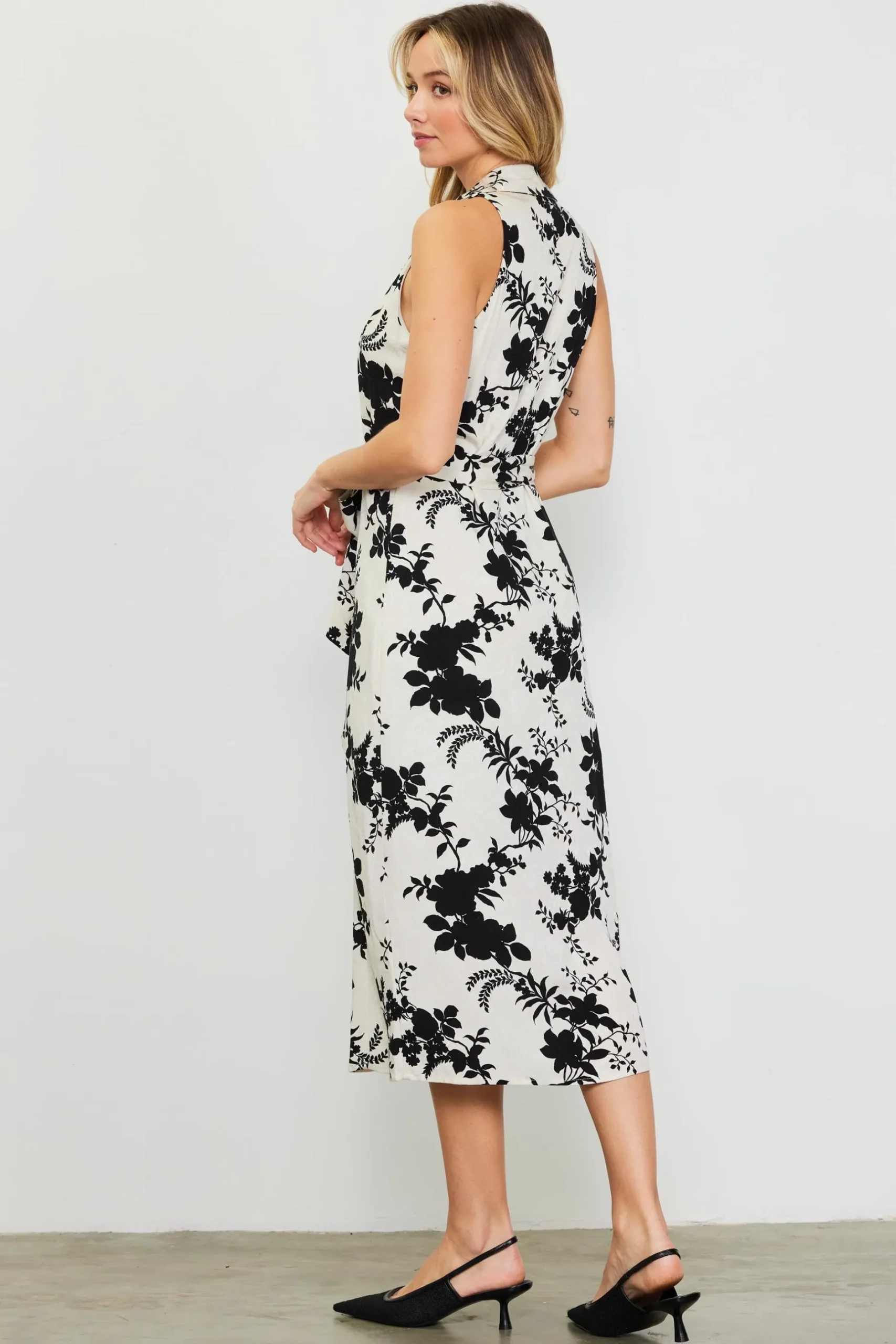 SKIES ARE BLUE Midi Dresses*Amaya Jacquard Print Sleeveless Dress Ivory-black
