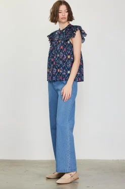 SKIES ARE BLUE Short Sleeve Tops*Amelia Floral Print Ruffle Sleeve Top Navy