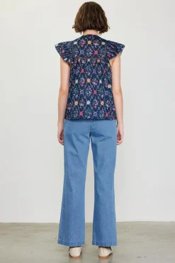 SKIES ARE BLUE Short Sleeve Tops*Amelia Floral Print Ruffle Sleeve Top Navy
