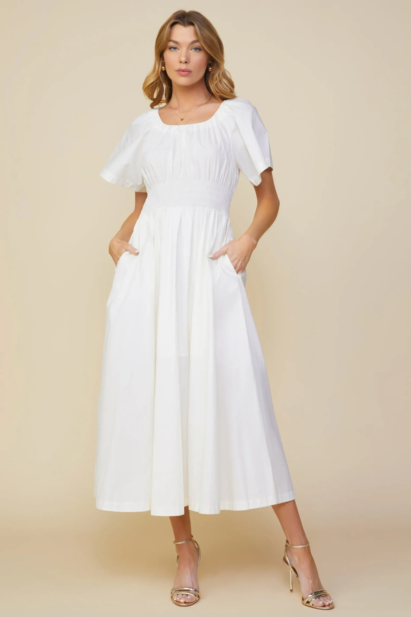 SKIES ARE BLUE Midi Dresses*Andrea Poplin Midi Dress Offwhite