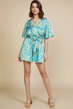 SKIES ARE BLUE Jumpsuits*Aquatic Floral Print Surplice Romper Vividbluemango