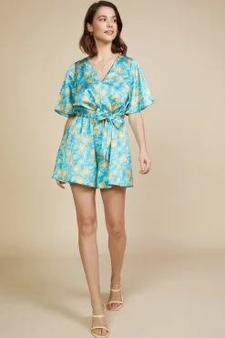SKIES ARE BLUE Jumpsuits*Aquatic Floral Print Surplice Romper Vividbluemango