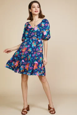 SKIES ARE BLUE Mini Dresses*Aquatic Floral Surplice Short Dress Navy-hyperpink