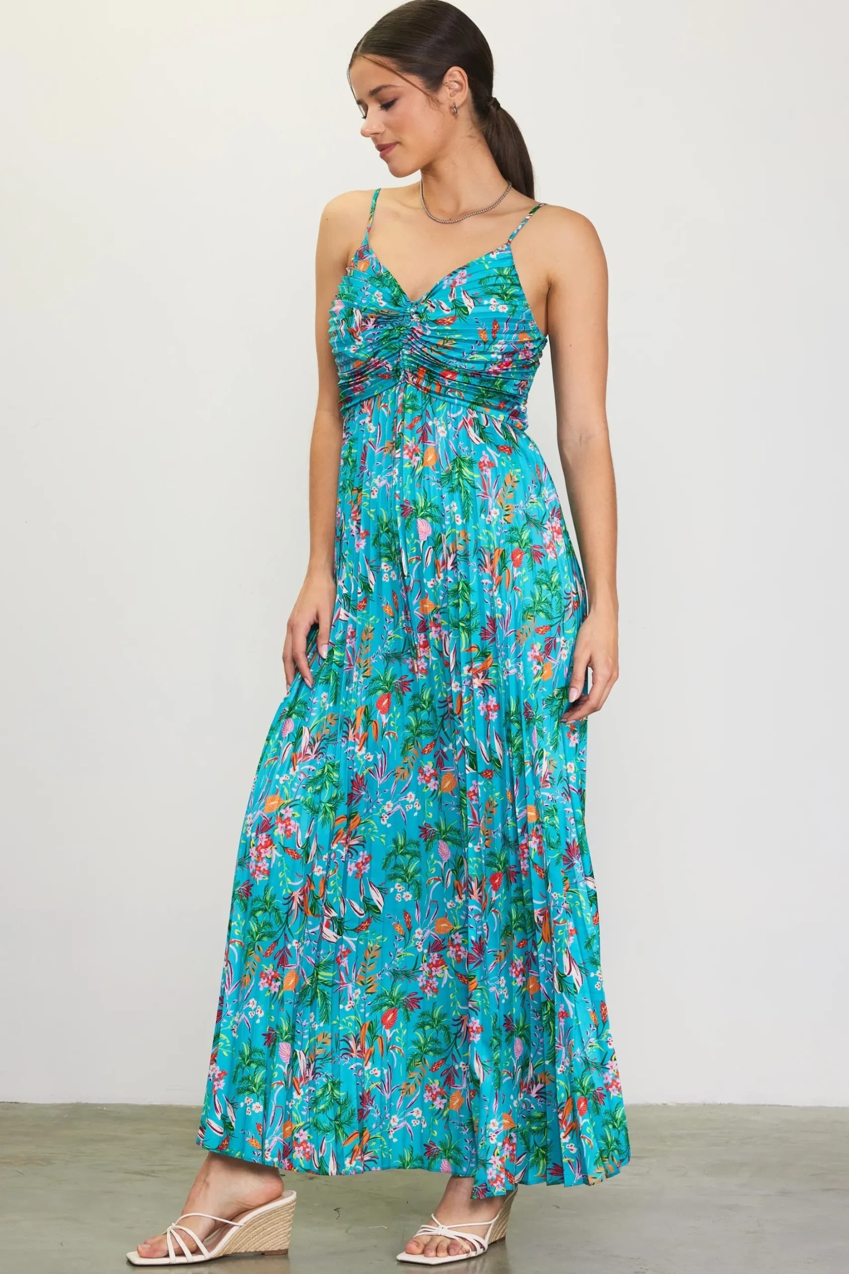 SKIES ARE BLUE Maxi Dresses*Ariel Tropical Print Pleated Maxi Dress Tealgreen