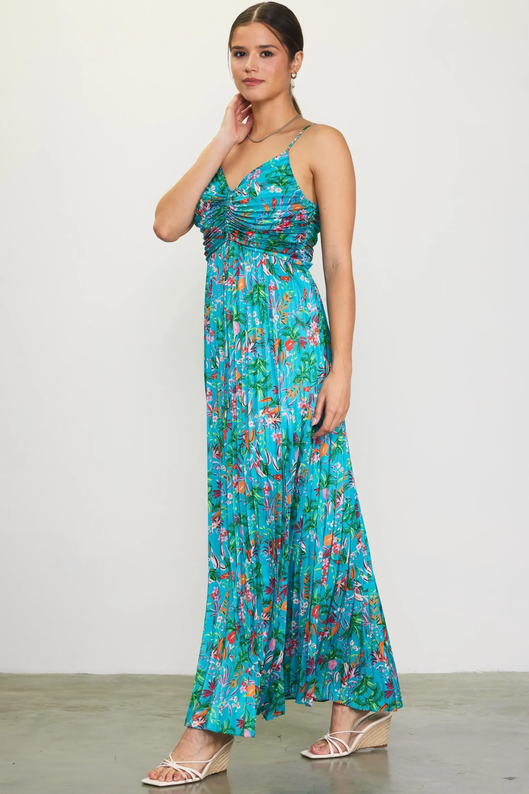 SKIES ARE BLUE Maxi Dresses*Ariel Tropical Print Pleated Maxi Dress Tealgreen