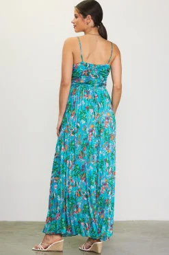 SKIES ARE BLUE Maxi Dresses*Ariel Tropical Print Pleated Maxi Dress Tealgreen