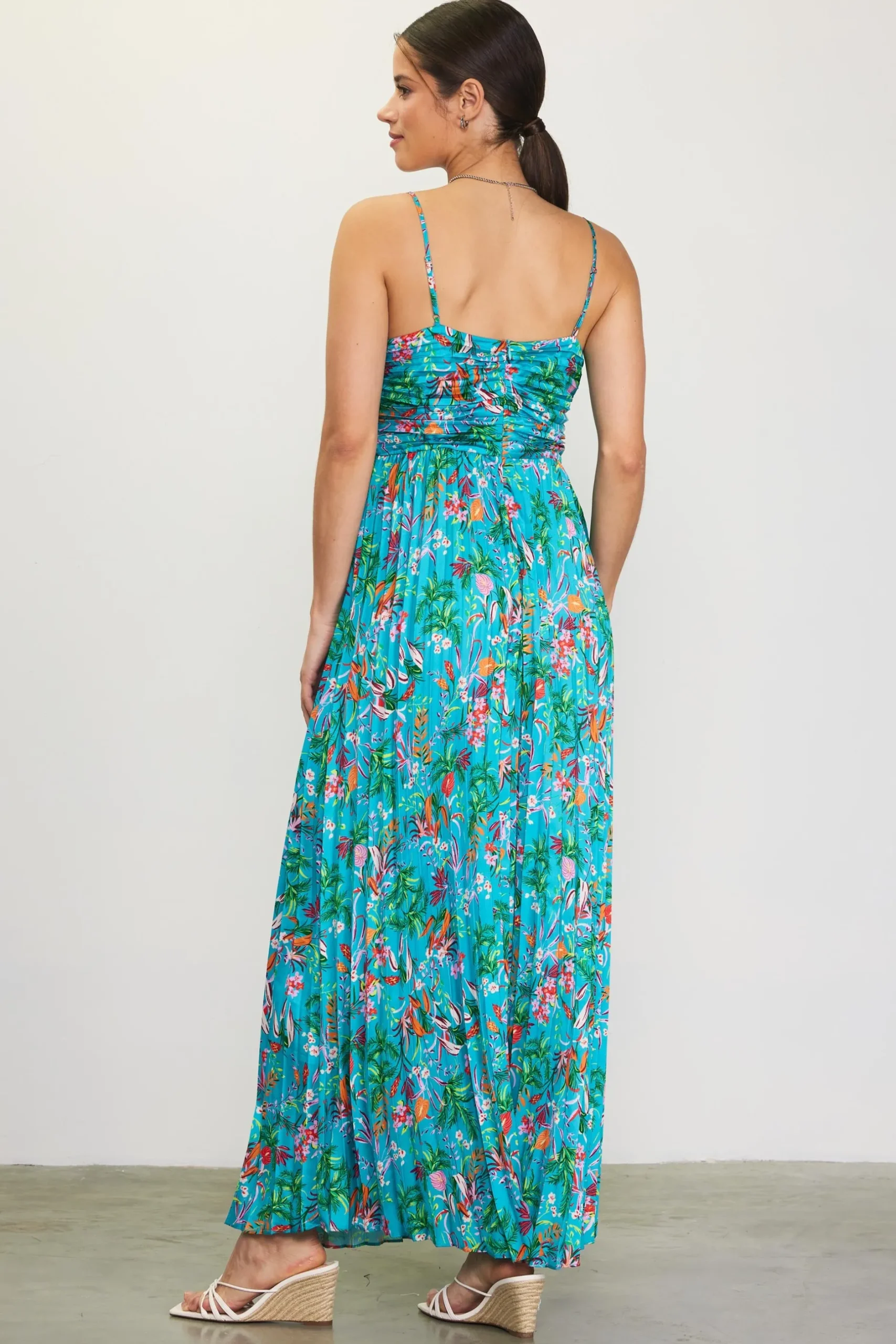 SKIES ARE BLUE Maxi Dresses*Ariel Tropical Print Pleated Maxi Dress Tealgreen