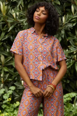 SKIES ARE BLUE Blouses|Short Sleeve Tops*Aspen Print Short Sleeve Blouse Tuscanblue