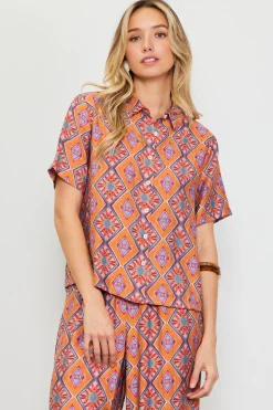 SKIES ARE BLUE Blouses|Short Sleeve Tops*Aspen Print Short Sleeve Blouse Tuscanblue