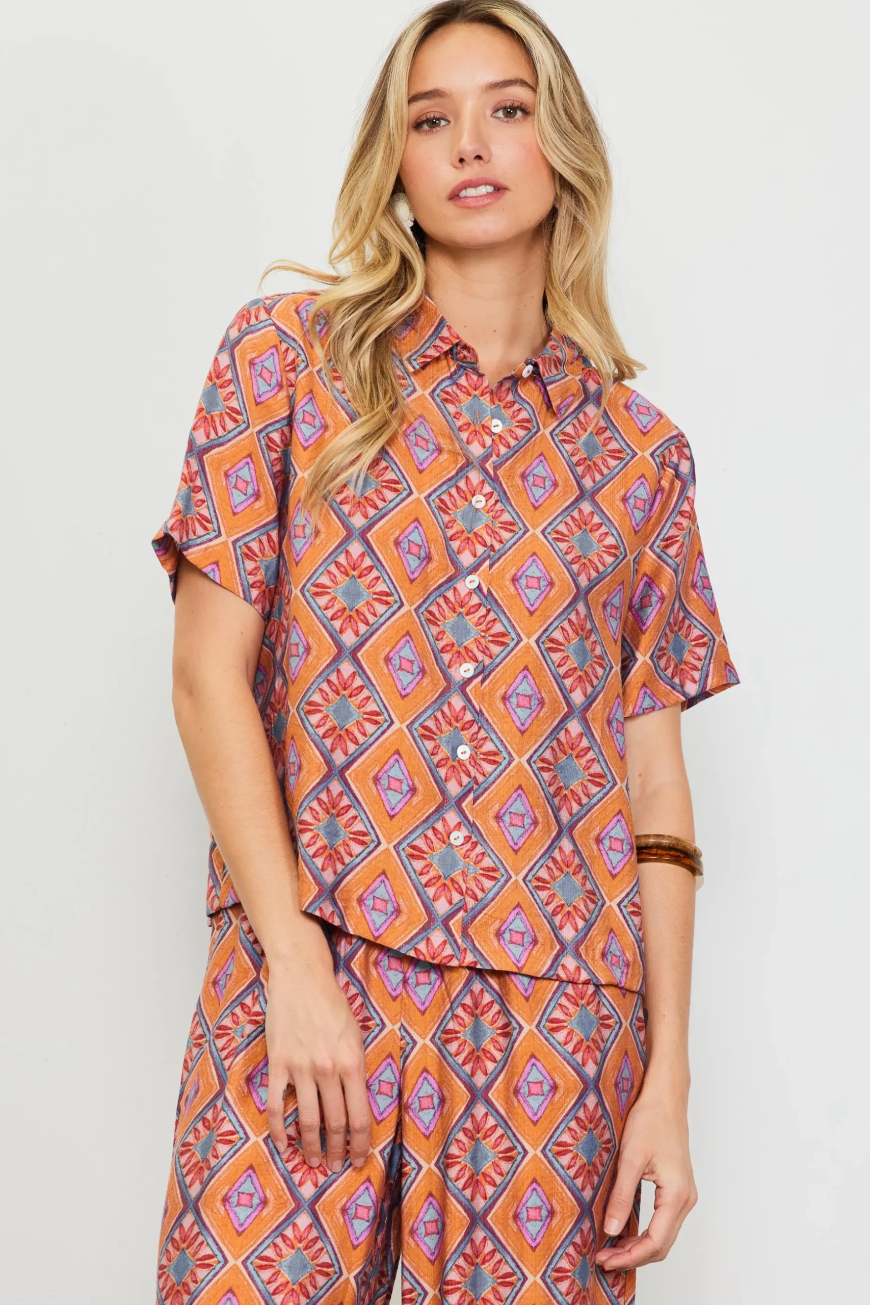 SKIES ARE BLUE Blouses|Short Sleeve Tops*Aspen Print Short Sleeve Blouse Tuscanblue