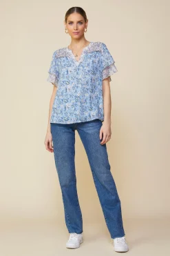 SKIES ARE BLUE Short Sleeve Tops*Aster Print Ruffled Detail Contrast Top Dustybluecream