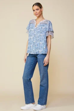SKIES ARE BLUE Short Sleeve Tops*Aster Print Ruffled Detail Contrast Top Dustybluecream