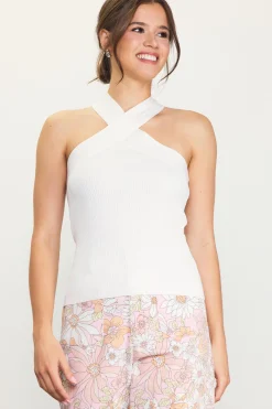 SKIES ARE BLUE Sleeveless Tops|Sweaters*Barbara Crossed Neck Knit Top Fencewhite
