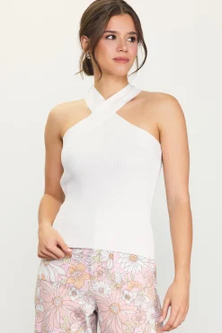 SKIES ARE BLUE Sleeveless Tops|Sweaters*Barbara Crossed Neck Knit Top Fencewhite