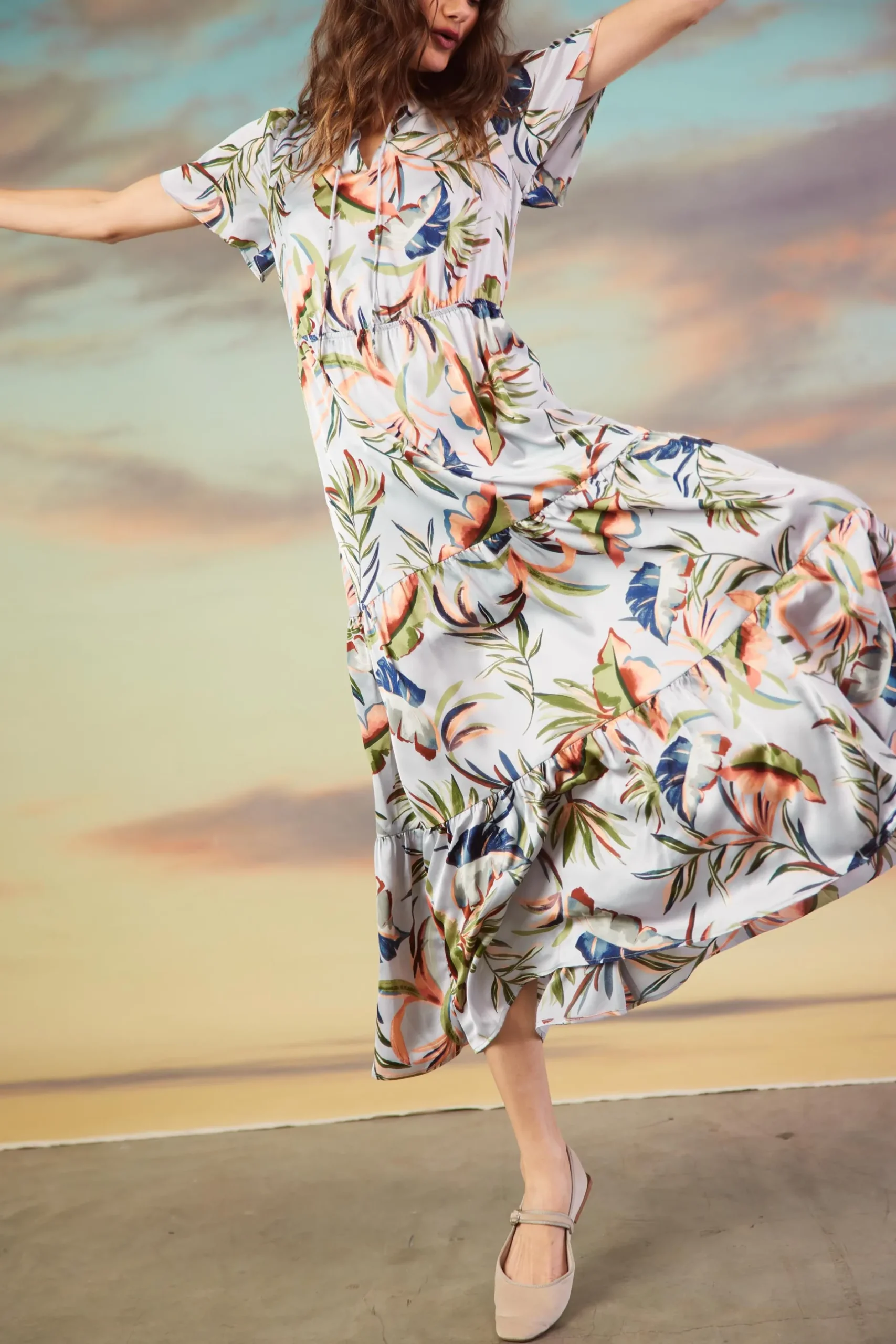 SKIES ARE BLUE Maxi Dresses*Bianca Floral Spring Maxi Dress Silver-green