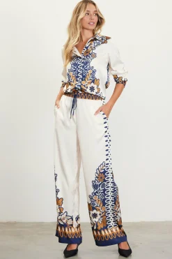 SKIES ARE BLUE Pants*Blythe Floral Print Relaxed Pants Mustard-navy