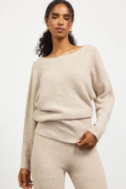 SKIES ARE BLUE Sweaters*Boatneck Ribbed Knit Sweater Oatmeal