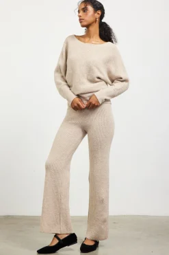 SKIES ARE BLUE Sweaters*Boatneck Ribbed Knit Sweater Oatmeal