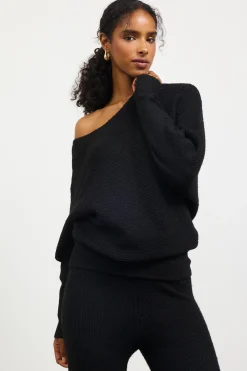 SKIES ARE BLUE Sweaters*Boatneck Ribbed Knit Sweater Black