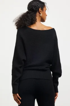SKIES ARE BLUE Sweaters*Boatneck Ribbed Knit Sweater Black