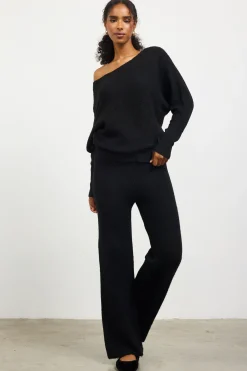 SKIES ARE BLUE Sweaters*Boatneck Ribbed Knit Sweater Black