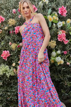 SKIES ARE BLUE Maxi Dresses*Bohemian Floral Crossed Neck Maxi Dress Vividbluetangerine